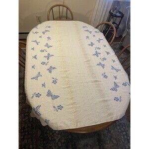 Embroidered Tablecloth Cream Linen Blue Butterflies, Flowers 48”x60”